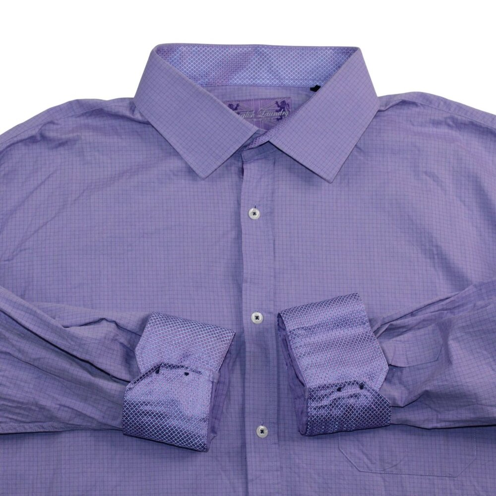 English Laundry Neck Sz 19 Flip Cuff Purple Gingham Check Dress Shirt Clubwear - Picture 5 of 15